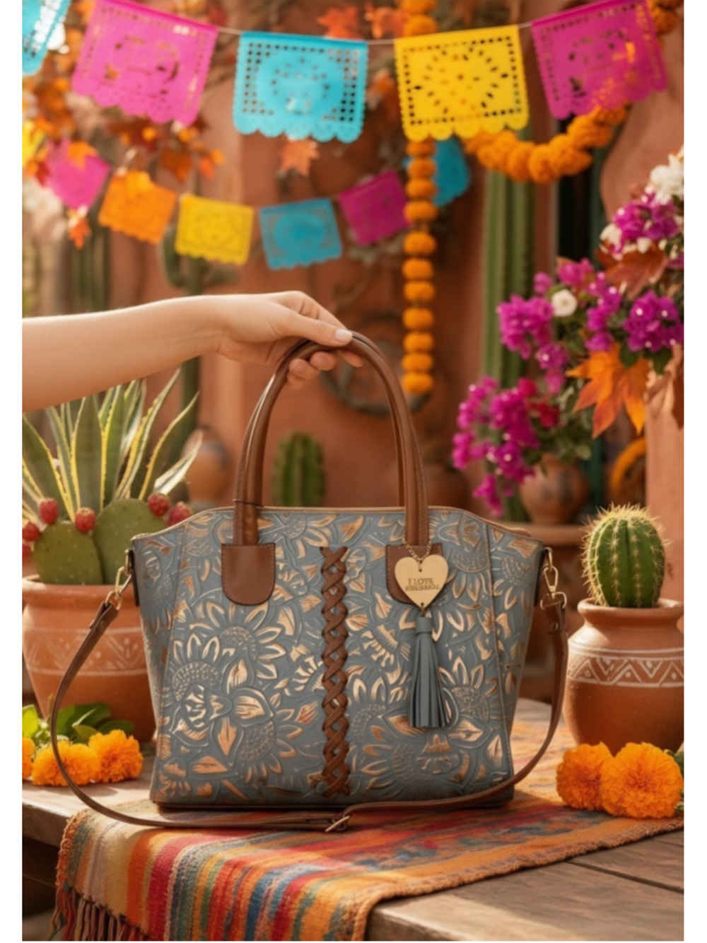 Dusty Blue Gray Grey Sunflower Tooled Leather Tote Mexican Artisan Bag Purse